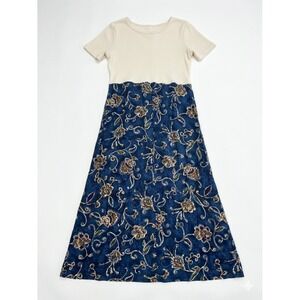 Studio Ease Maxi Dress Women Size 12 Blue Cream Good Vintage Floral Waffle Knit